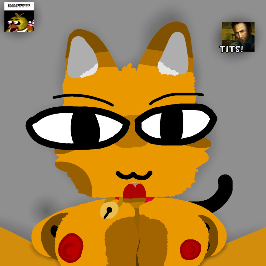:3 bell_collar breasts brown_hands cat cat_ears cat_tail catzenrome cazenrome cazenrome2120 chica_(fnaf) eyebrows feline first_person_view fur grey_background hands_on_breasts holding_breasts left_4_dead_2 looking_at_viewer meme_in_the_background nick_(left_4_dead) nude oc paizuri paws penis penis_between_breasts penis_out pov precum precum_on_penis red_collar self_upload text wide_eyes yellow_body yellow_skin