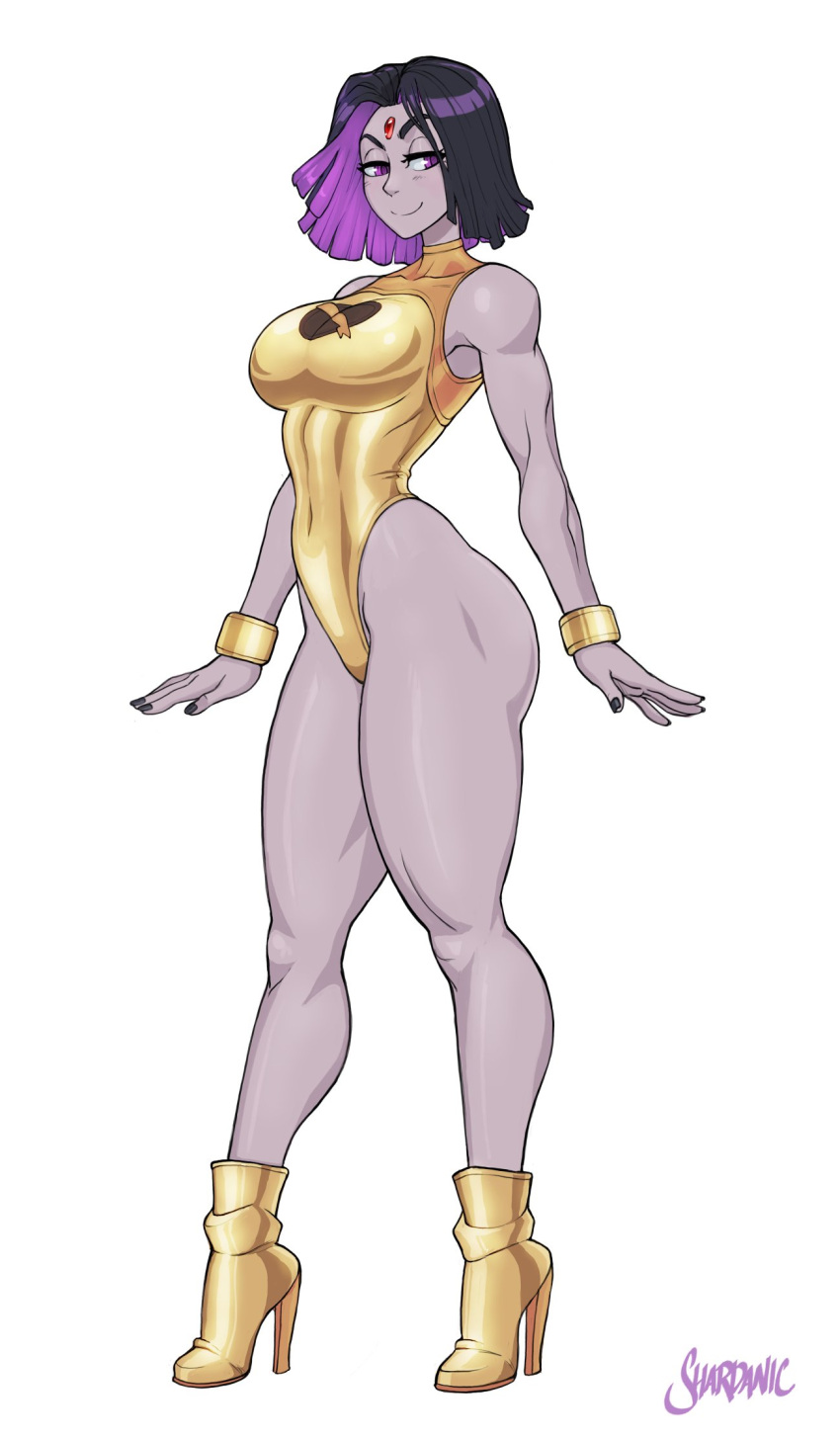 1girl boots breasts cartoon_network clothing curvy dc dc_comics female female_focus forehead_jewel grey_skin half-closed_eyes high_heel_boots high_heels high_resolution huge_breasts lady_legasus legs leotard muscle muscular_female pale-skinned_female pale_skin purple_eyes purple_hair rachel_roth raven_(dc) shardanic short_hair simple_background sleeveless_leotard smile solo standing tagme teen_titans teen_titans_go thick_thighs thong thong_leotard white_background wide_hips wrist_cuffs yellow_leotard