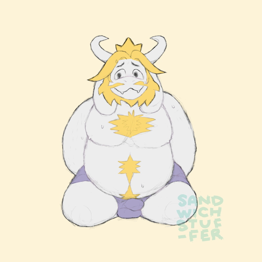 1:1 1:1_aspect_ratio 1boy 2020s 2023 alternate_version_available anthro anthro_only artist_name asgore_dreemurr beard blonde_hair boss_monster bulge bulge_under_clothes caprine crown floppy_ears furry furry_male furry_only goat goat_ears goat_horns hands_behind_back hi_res high_res high_resolution highres horns kneel looking_away male male_anthro male_only monster monster_boy penis_bulge sandwichstuffer simple_background solid_color_background solo_anthro solo_male topless topless_anthro topless_male undertale undertale_(series) underwear underwear_only yellow_background