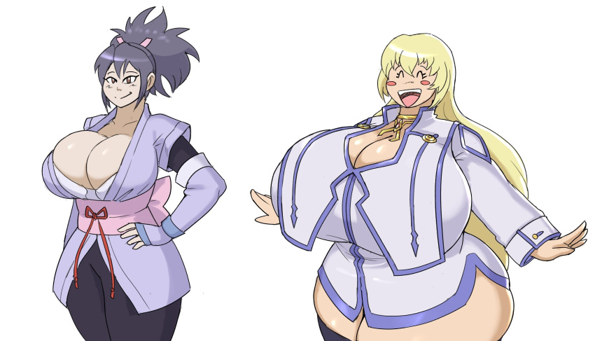 2_girls alternate_breast_size big_breasts black_hair blonde_hair breasts cleavage colette_brunel gigantic_breasts happy high_res hips huge_breasts huge_hips huge_thighs massive_breasts multiple_girls sheena_fujibayashi shirt tales tales_of_(series) tales_of_symphonia thick_thighs thighs tight_clothes tight_shirt wide_hips