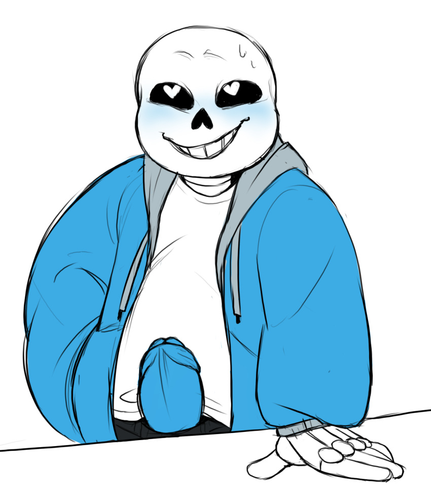 1boy 2010s 2016 animated_skeleton blue_blush blue_hoodie blue_jacket blue_penis blush clothed clothing dinkynsfw ectopenis foreskin hand_in_pocket hand_on_table heart-shaped_pupils heart_eyes hooded_jacket hoodie jacket male male_only monster penis penis_out sans sans_(undertale) skeleton smooth_penis solo_male sweat undead undertale undertale_(series) white_background