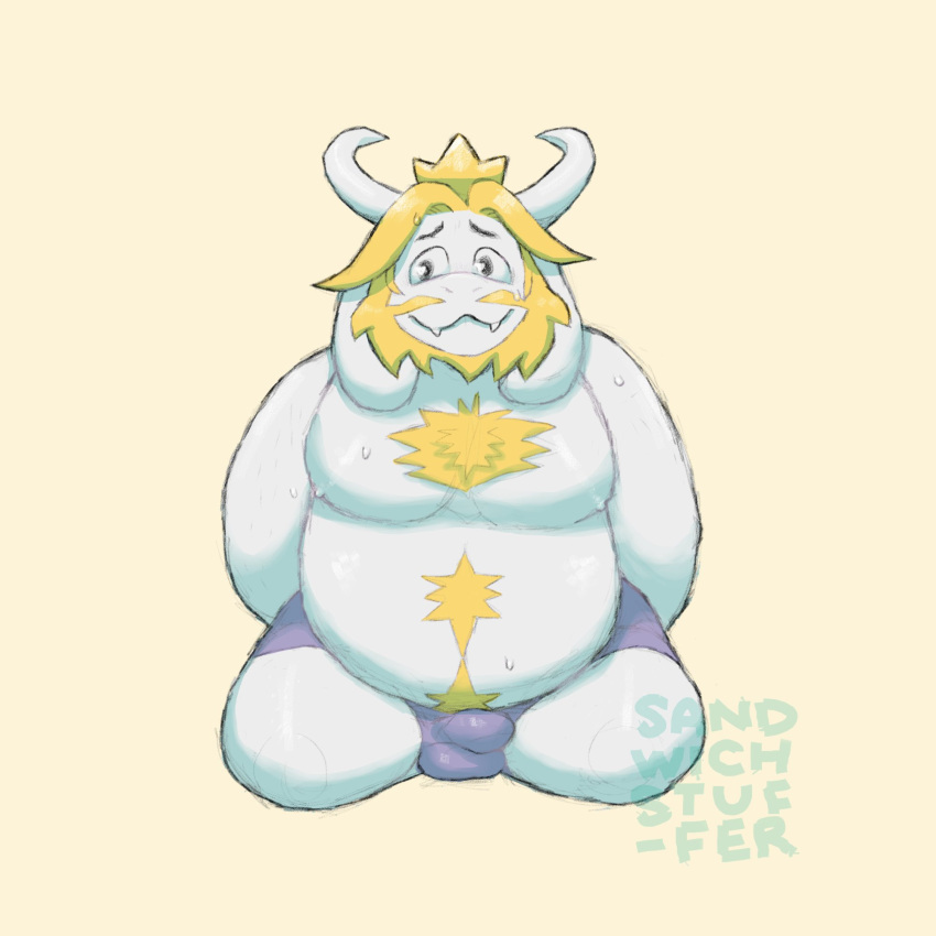 1:1 1:1_aspect_ratio 1boy 2020s 2023 alternate_version_available anthro anthro_only artist_name asgore_dreemurr beard blonde_hair boss_monster bulge bulge_under_clothes caprine crown floppy_ears furry furry_male furry_only goat goat_ears goat_horns hands_behind_back hi_res high_res high_resolution highres horns kneel looking_away male male_anthro male_only monster monster_boy penis_bulge sandwichstuffer shaded simple_background solid_color_background solo solo_anthro solo_male topless topless_anthro topless_male undertale undertale_(series) underwear underwear_only yellow_background