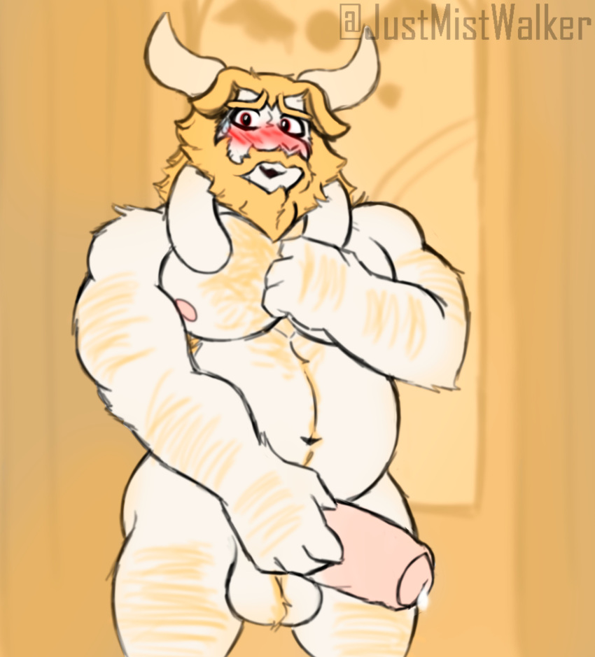 1boy 2d 2d_(artwork) 4_fingers absurd_res anthro anthro_only armpit_hair asgore_dreemurr ball_tuft balls barazoku blonde_hair blush blush_lines bodily_fluids body_hair boss_monster bottomless bovid caprine chest_hair clothed clothing cum cum_drip digital_media_(artwork) dripping embarrassed erection fingers floppy_ears flustered fur furry furry_male furry_only genital_fluids genitals goat goat_ears goat_horns hair hairy hairy_arms hairy_balls happy_trail high_res horn horns leaking_cum looking_at_viewer male male_anthro male_only mammal monster monster_boy nude nude_anthro nude_male pecs precum precum_drip pubes slightly_chubby solo_anthro solo_male the_mist_walker tuft undertale undertale_(series) video_game_character video_games white_body white_fur