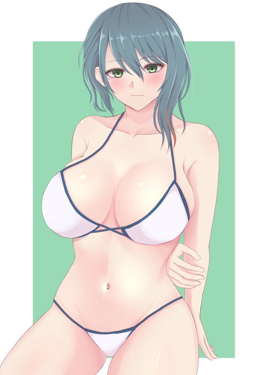 1girl alluring big_breasts bikini blue_eyes blush cleavage dead_or_alive dead_or_alive_xtreme dead_or_alive_xtreme_2 dead_or_alive_xtreme_3_fortune dead_or_alive_xtreme_beach_volleyball dead_or_alive_xtreme_venus_vacation green_hair looking_at_viewer medium_hair oja1226 tamaki_(doa) tecmo voluptuous