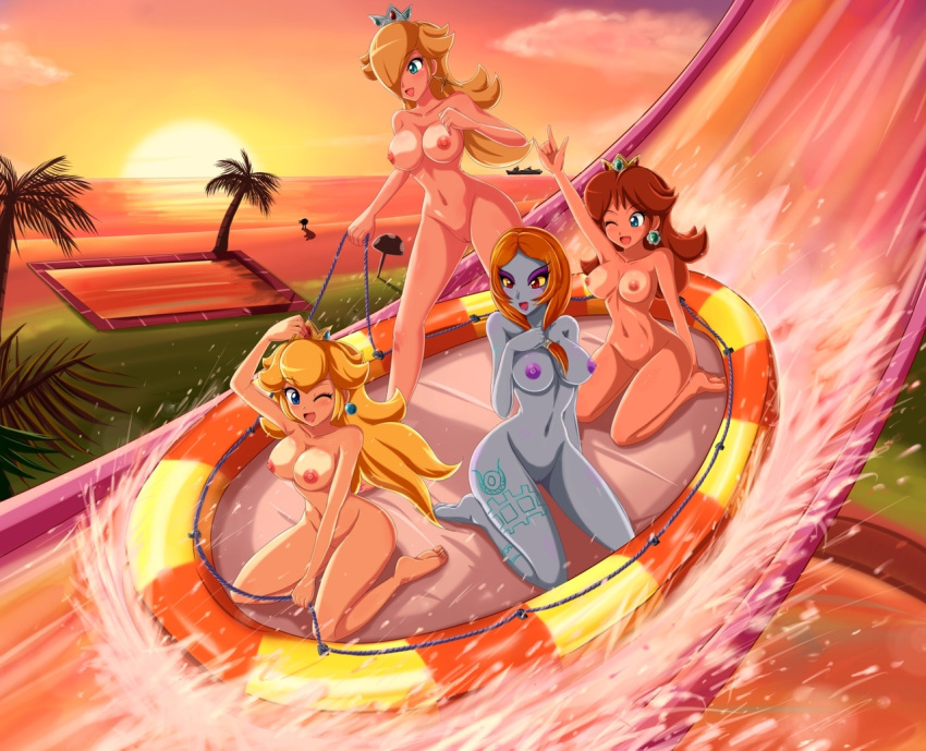 4_girls 4girls aqua_eyes arm arm_up arms art babe bare_legs bare_shoulders beach big_breasts blonde_hair blue_eyes blush breasts brown_hair cleavage clenched_hand cloud collarbone crown earrings erect_nipples eyeshadow female female_only grey_skin hair hair_over_one_eye hand_on_chest hand_on_own_chest happy highres holding inflatable_raft jewelry kneel kneeling large_breasts legs long_hair makeup midna multiple_girls navel neck nintendo ocean open_mouth orange_hair palm_tree princess_daisy princess_peach princess_rosalina raft red_eyes rosalina rosalina_(mario) sea sigurd_hosenfeld sigurdhosenfeld sitting sky slide smile splash splashing spoilers standing sun sunset super_mario_bros. super_mario_kart tattoo the_legend_of_zelda thighs tree twili_midna twilight twilight_princess wariza water water_slide waterslide wink yellow_sclera zenra