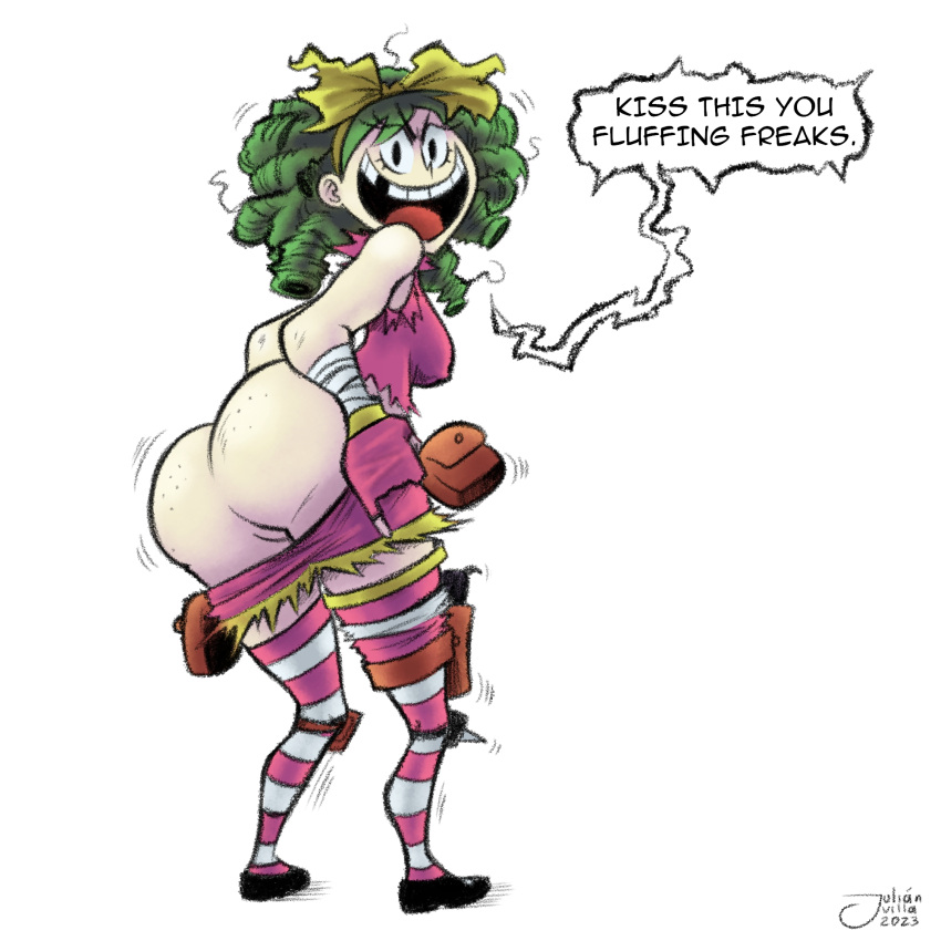 1girl aged_up ass ass_focus butt_freckles freckles gertrude gertrude_(i_hate_fairyland) green_hair i_hate_fairyland image_comics looking_at_viewer looking_back mooning pants_down smile solo_female white_background