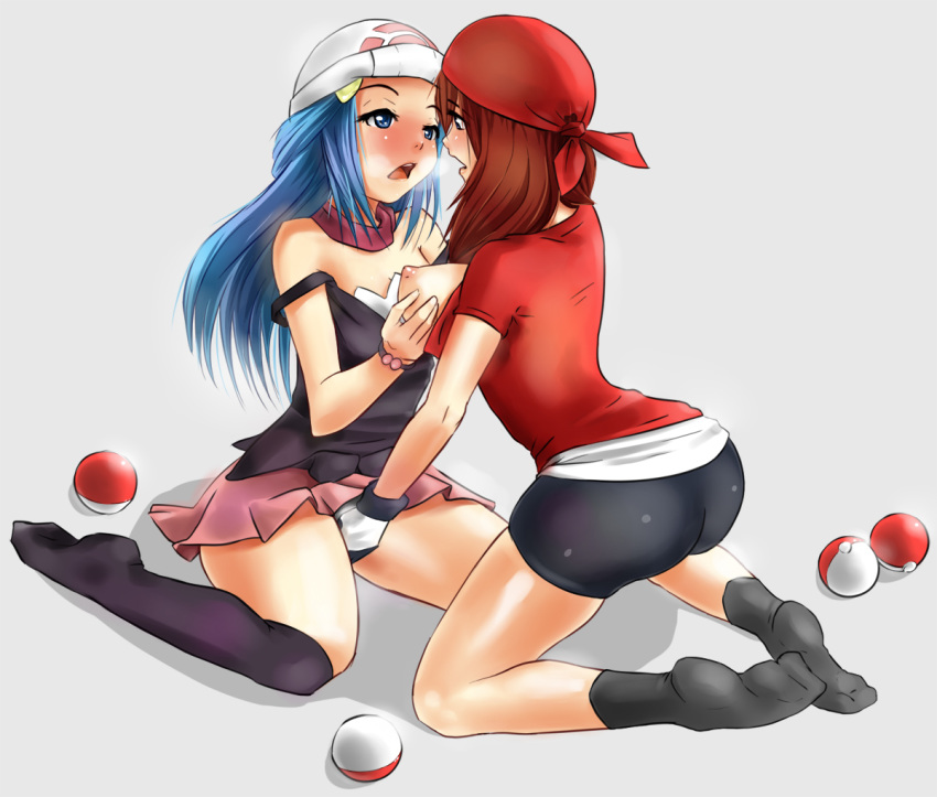 2girls arched_back areolae arm arms art ass babe bandana bandanna bare_legs bare_shoulders beanie big_breasts bike_shorts black_dress black_socks blue_eyes blue_hair blush breast_grab breast_hold breasts breath brown_hair camisole caschfatal dawn dress erect_nipples eye_contact face-to-face female fingering friends gloves grabbing grey_background hair hair_ornament haruka_(pokemon) hat headgear highres hikari_(pokemon) incipient_kiss knee_socks kneel kneeling large_breasts legs long_hair looking_at_another love may multiple_girls mutual_yuri nintendo nipples no_shoes off_shoulder one_breast_out open_mouth pink_skirt poke_ball pokemon pokemon_(anime) pokemon_(game) pokemon_dppt pokemon_rse scarf shadow short_hair short_shorts shorts simple_background sitting skirt socks strap_slip through_panties wariza yuri