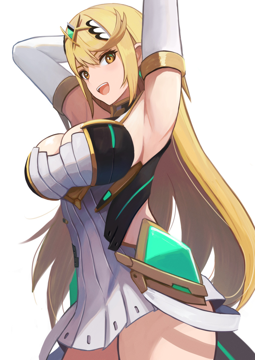 1girl alluring big_breasts blonde_hair cleavage cleavage_cutout clothing_cutout dress elbow_gloves gem gloves headpiece high_res labebebe_lee long_hair looking_at_viewer microdress mythra nintendo open_mouth sideboob sleeveless strapless strapless_one-piece_swimsuit swept_bangs swimsuit tiara white_background xenoblade_(series) xenoblade_chronicles_2 yellow_eyes