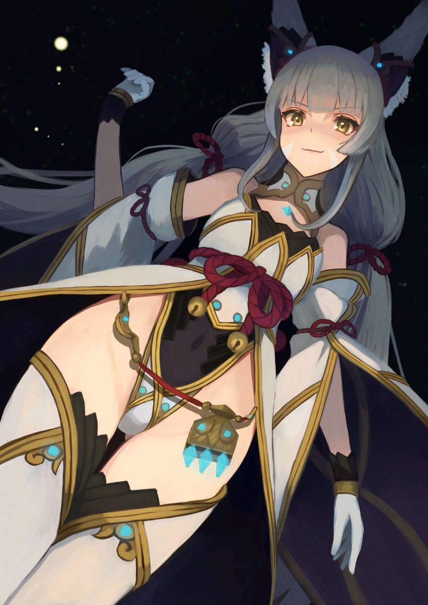 1girl 1girl alluring animal_ears bare_shoulders black_background breasts cat_ears chest_jewel core_crystal_(xenoblade) detached_sleeves dutch_angle facial_mark gloves grey_hair groin hand_up high_res highleg highleg_leotard labebebe_lee leotard light_smile long_hair looking_at_viewer nia nia_(blade)_(xenoblade) nia_(xenoblade) nintendo red_rope rope shimenawa small_breasts stockings twin_tails very_long_hair white_gloves white_sleeves white_thighhighs xenoblade_(series) xenoblade_chronicles_2 yellow_eyes