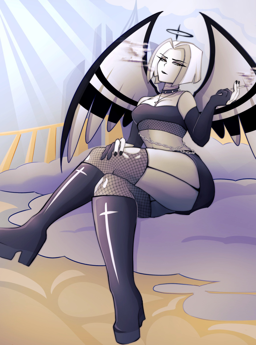 angel angel_girl angel_wings black_halo boots clothed female gloves goth halo hazbin_hotel lute_(hazbin_hotel) sfw sitting solo solo_female solo_focus thick_thighs thighs twitter veeepawoon vivienne_medrano wings