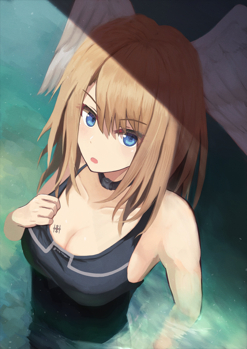 1girl absurd_res alluring black_bodysuit black_choker blue_eyes bodysuit breasts brown_hair chest_tattoo choker cleavage eunie_(xenoblade) feathered_wings from_above hair_between_eyes head_wings high_res labebebe_lee long_hair looking_at_viewer medium_breasts nintendo open_mouth partially_submerged tattoo water white_wings wings xenoblade_(series) xenoblade_chronicles_3