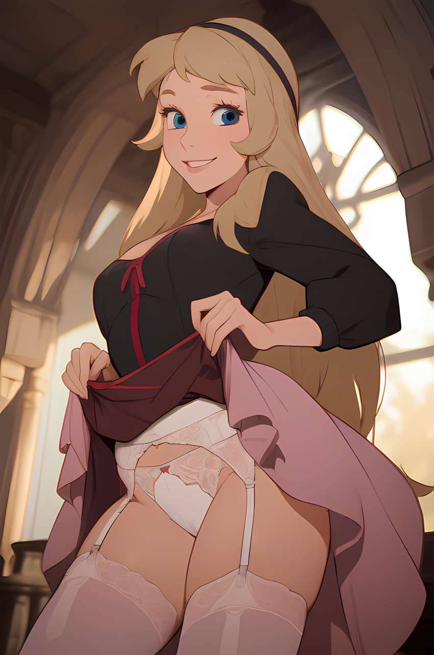 1girl ai_generated black_hairband blonde_hair blue_eyes dress dress_lift garter_belt high_res indoors lifted_by_self long_hair looking_at_viewer panties princess_eilonwy self_upload silversoul_(ai_generator) smile stockings the_black_cauldron thighs underwear white_panties window
