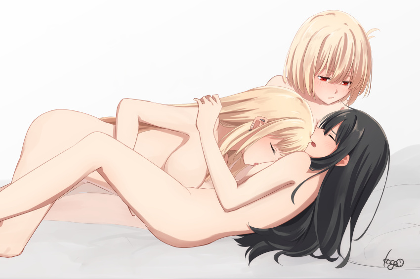 3_girls alluring bare_legs black_hair blonde_hair crossover dominant_female female_on_top female_only female_orgasm fff_threesome grabbing grabbing_another's_arm inoue_takina kitagawa_marin long_hair looking_at_partner lycoris_recoil lying lying_on_back lying_on_person nipple_licking nipple_play nipples nishikigi_chisato nude nude_female pussy_juice short_hair sono_bisque_doll_wa_koi_wo_suru sucking_nipples threesome yuri