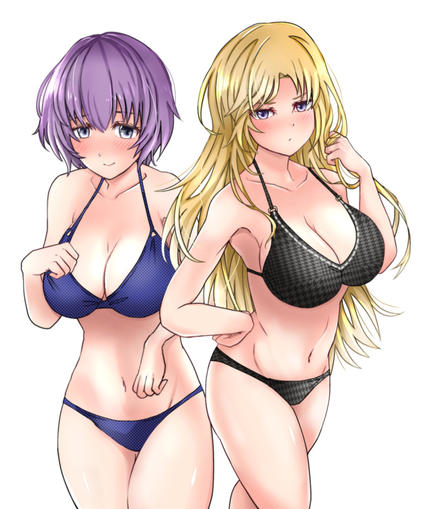 2_girls adjusting_clothes adjusting_hair adjusting_swimsuit alluring alternate_breast_size alternate_costume annoyed bare_legs bare_shoulders big_breasts big_breasts bikini black_bikini black_swimsuit blonde_hair blue_bikini blue_eyes blue_swimsuit blush clarisse_(fire_emblem) cleavage female_only fire_emblem fire_emblem:_new_mystery_of_the_emblem grey_eyes katarina_(fire_emblem) long_hair looking_at_viewer multiple_girls nintendo purple_hair short_hair smile swimsuit toshimasa white_background