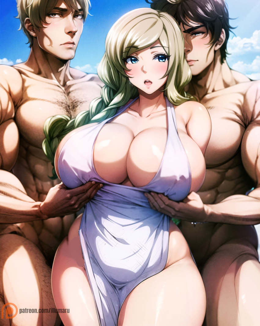 2023 2boys 2boys1girl ai_generated apron apron_only big_breasts blonde_hair blue_eyes breast_grab breasts breasts_bigger_than_head clothing curvaceous curvy curvy_figure detailed hands_under_breasts high_res hips holding_breasts huge_breasts illumaru imminent_sex komiya_yuriya looking_at_viewer mature_female milf mmf_threesome mommy muttsuri_do_sukebe_tsuyu_gibo_shimai_no_honshitsu_minuite_sex_sanmai nipples_visible_through_clothing stable_diffusion standing support thick_thighs thighs threesome