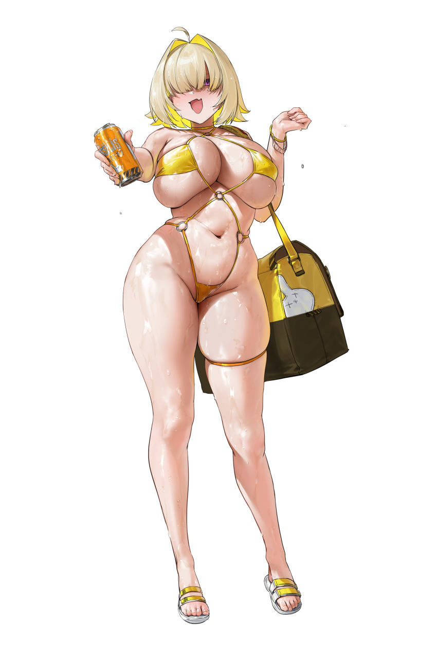1girl absurd_res alternate_costume bag blonde_hair blush breasts can chochomi colored_inner_hair curvy elegg_(nikke) full_body goddess_of_victory:_nikke hair_intakes high_res holding holding_can looking_at_viewer multicolored_hair navel one-piece_swimsuit open_mouth purple_eyes shiny_skin short_hair simple_background smile standing stomach swimsuit thick_thighs thigh_strap thighs toes under_boob wet white_background wide_hips yellow_one-piece_swimsuit