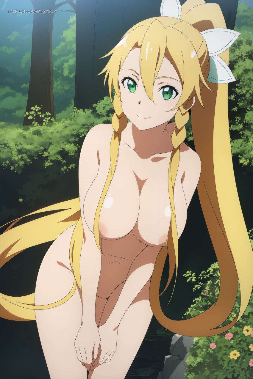 1girl alluring bare_legs big_breasts blonde_hair completely_nude_female exhibitionism green_eyes jungle koikoi_(artist) leafa nude outside posing pussy sword_art_online
