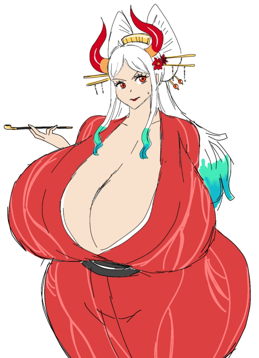 gigantic_ass gigantic_breasts headdress horns hourglass_figure kimono momiji_(artist) one_piece pipe voluptuous white_hair yamato_(one_piece)