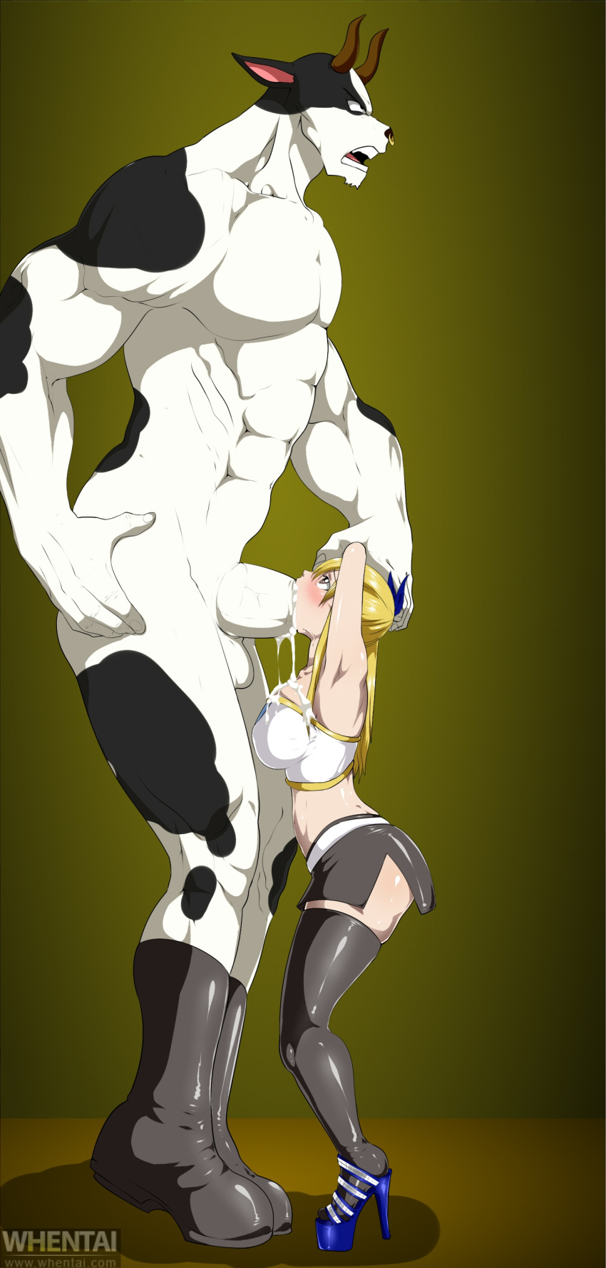 1boy 1girl big_breasts black_socks blonde_hair blue_high_heels bovine breasts celestial_spirit_(fairy_tail) clothed_female cow_print ed-jim fairy_tail female_focus high_heels high_res human long_hair lucy_heartfilia male male/female size_difference socks stockings stomach_bulge tagme taurus_(fairy_tail) teen thigh_socks torn_clothes whentai