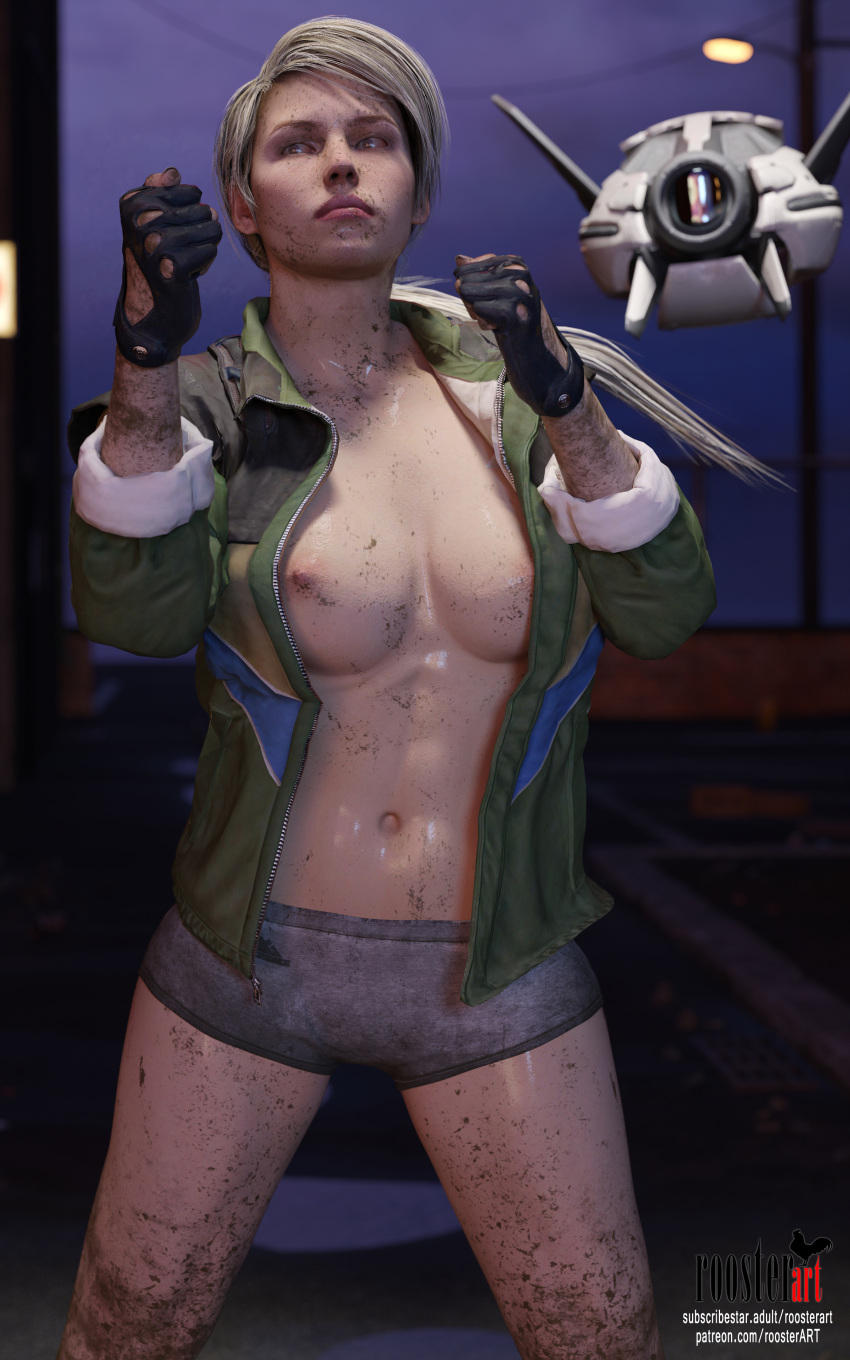 10:16 1girl 3d 3d_(artwork) 4k belly belly_button black_gloves blonde blonde_hair breasts cassie_cage closed_mouth dirty dirty_body dirty_clothes erect_nipples female_focus fighting fighting_stance fingerless_gloves gloves green_jacket jacket mortal_kombat mud navel nipples open_eyes outside partially_clothed patreon patreon_username ponytail roosterart solo_focus standing street street_lamp subscribestar subscribestar_username sweat sweaty sweaty_body video_game video_game_character video_game_franchise wet