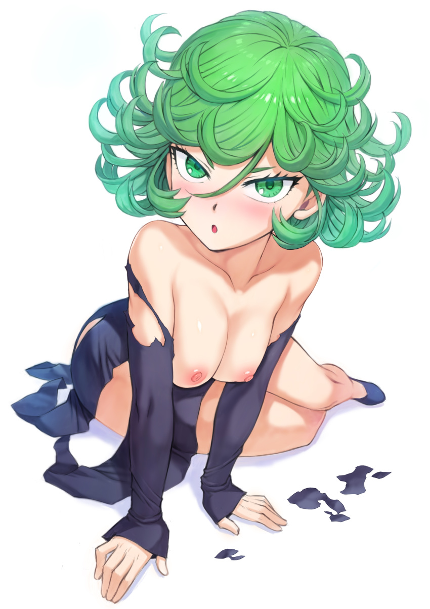 1girl :o alternative_bust_size areola arm_support arms_framing_breasts bangs bare_legs black_dress black_footwear blush blush_stickers breasts breasts_out_of_clothes clavicle cleavage collared_dress curly_hair dress embarrassed eyelashes female_only female_solo flipped_hair framing_breasts full_body green_eyes green_hair hair_between_eyes hands_on_floor heart high_resolution leaning_forward legitimate_variation legs long_sleeves looking_at_viewer lying medium_breasts mogudan nipples no_bra nopan on_side one-punch_man open_mouth outstretched_arms shiny shiny_hair shoes short_hair side_slit sleeves_past_wrists spread_arms tatsumaki_(one-punch_man) thick_thighs thighs torn_clothes torn_dress very_high_resolution white_background wing_collar