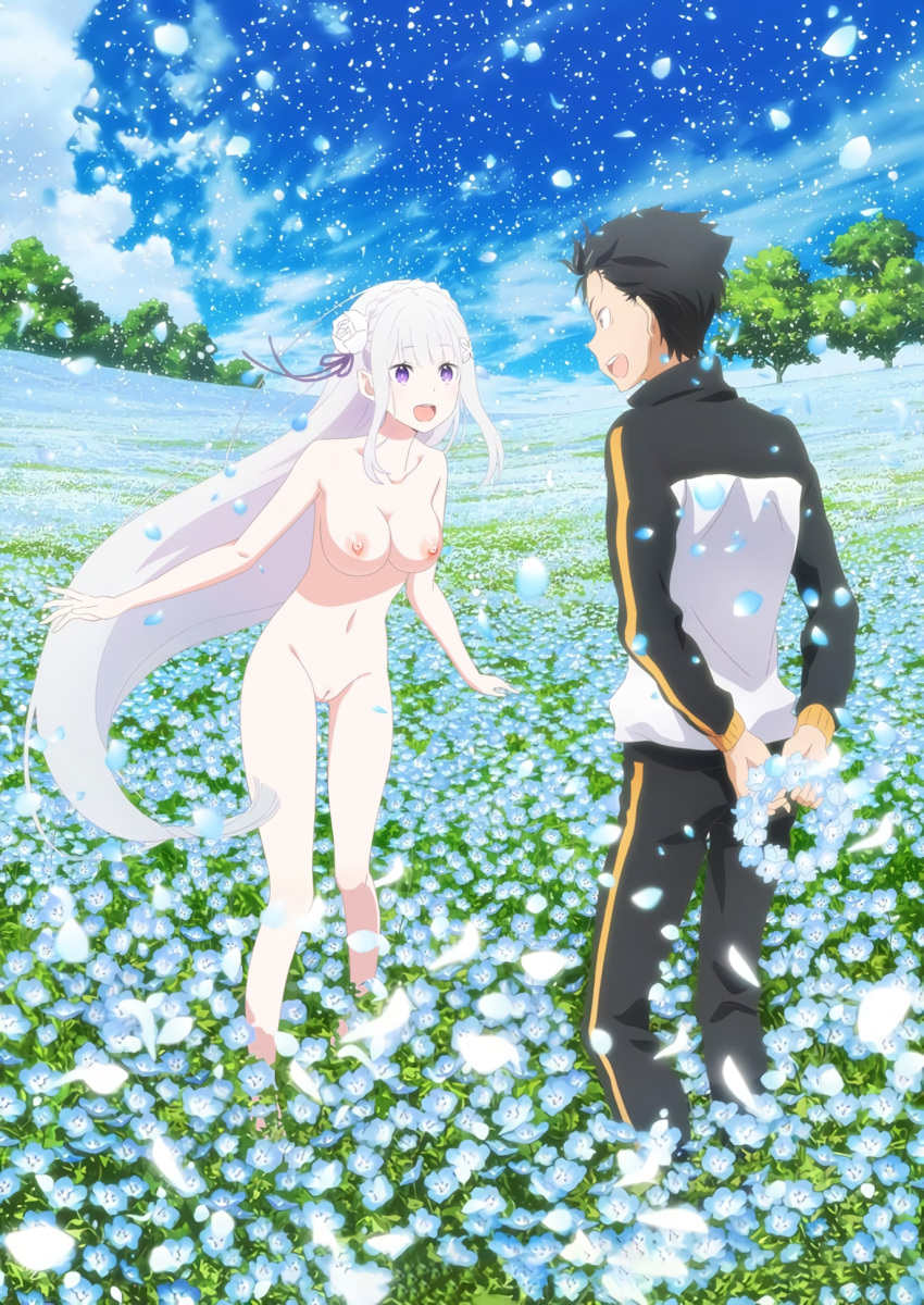 1girl :d areola blush breasts clavicle cloud couple duo emilia_(re:zero) field flower flower_field hair_flower hair_ornament hair_ribbon happy head_wreath high_resolution innie long_hair looking_at_another male medium_breasts natsuki_subaru nipples nude nude_filter open_mouth outside paipan petals pointed_ears purple_eyes pussy re:zero_kara_hajimeru_isekai_seikatsu re:zero_kara_hajimeru_isekai_seikatsu:_memory_snow ribbon sidelocks sky smile standing thighs third-party_edit tree uncensored white_hair
