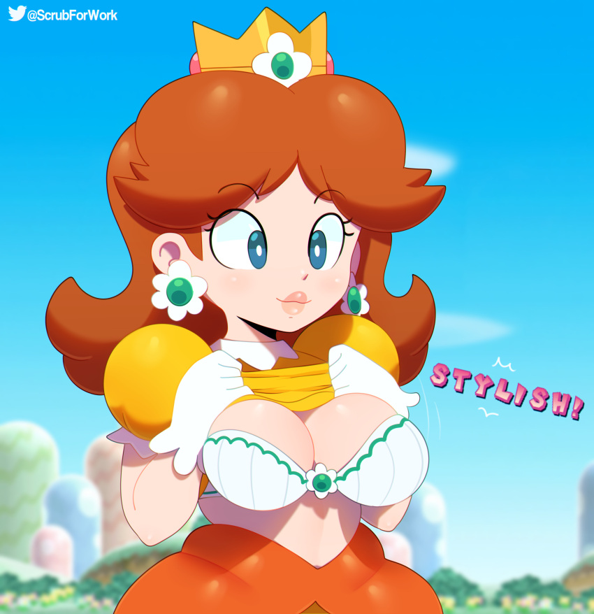 1girl 2020 artist_name big_breasts blue_eyes blurry_background blush bra breasts brown_hair cleavage clothed clothing crown depth_of_field detailed_background dress ear_piercing earrings flower_earrings lifted_by_self mario_(series) medium_hair nintendo piercing presenting presenting_breasts princess_daisy royalty scrubforwork sexy sexy_breasts shirt shirt_lift shoulder_length_hair smile somescrub super_mario_bros.