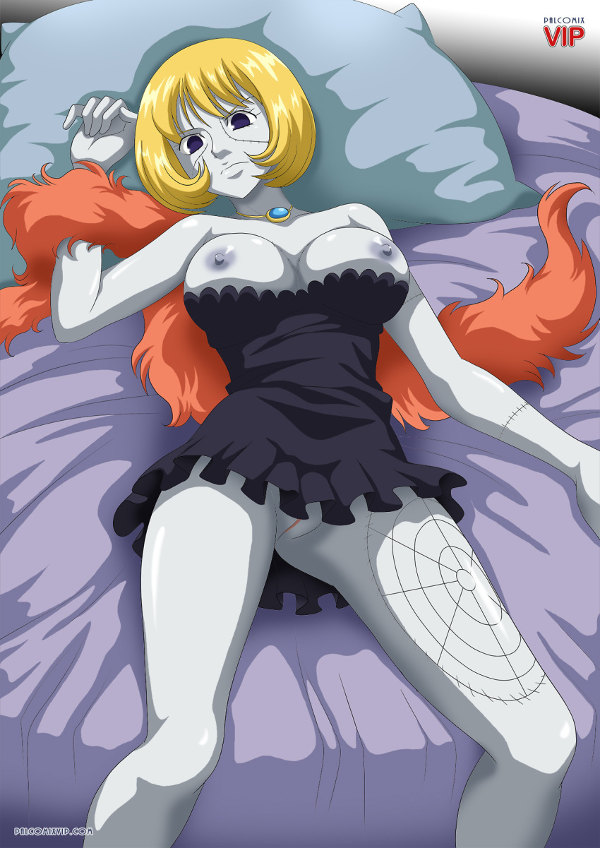 1_girl 1girl areolae arm arms art babe bare_legs bare_shoulders bed big_breasts black_dress blonde blonde_hair breasts breasts_apart breasts_out breasts_outside dress empty_eyes feather_boa female grey_skin jewelry large_breasts legs looking_at_viewer lying neck necklace nipples no_panties on_back one_piece palcomix pillow purple_eyes pussy scar serious short_dress short_hair solo strapless strapless_dress tattoo uncensored victoria_cindry zombie