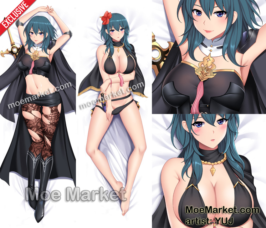 1girl alluring alternate_costume arms_up ass_visible_through_thighs bare_legs bare_midriff barefoot bed big_breasts bikini blue_eyes breasts byleth_(fire_emblem) byleth_(fire_emblem)_(female) capelet cleavage dakimakura dakimakura_design female_only fire_emblem fire_emblem:_three_houses fire_emblem_heroes flower hair_flower knife leggings legs looking_at_viewer medium_hair midriff moe_market nintendo official_alternate_costume on_back on_bed open_mouth pantyhose shorts sideboob smile swimsuit sword sword_of_the_creator teal_hair torn_clothes undressing weapon