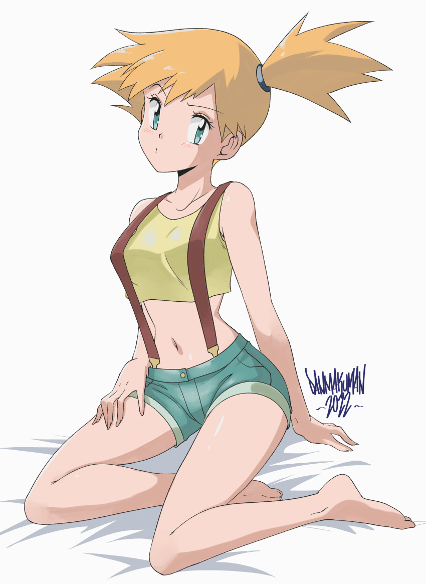 1girl alluring bare_legs bare_shoulders barefoot bed_sheet blue_eyes blush clavicle clothing crop_top danmakuman feet grey_background high_resolution kasumi_(pokemon) legs looking_at_viewer midriff misty misty_(pokemon) navel orange_hair parted_lips pokemon pokemon_(anime) pokemon_rgby shiny shiny_skin short_sidetail shorts simple_background sitting sleeveless suspenders toes