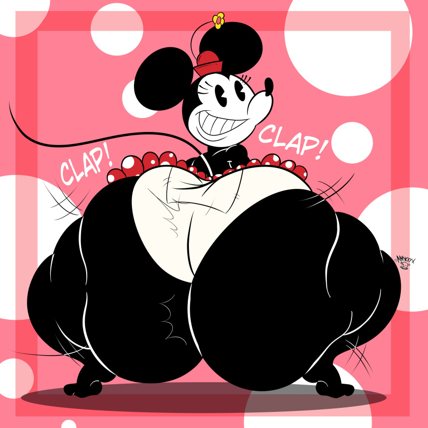 1girl anthro ass ass_clap ass_clapping ass_jiggle big_ass clapping_cheeks crouching disney fat_ass female_only gigantic_ass huge_ass looking_at_viewer looking_back massive_ass mickey_mouse_shorts minnie_mouse mouse mrxrickyx onomatopoeia panties plump rodent skirt squatting thick_thighs tiptoes twerking what wide_hips