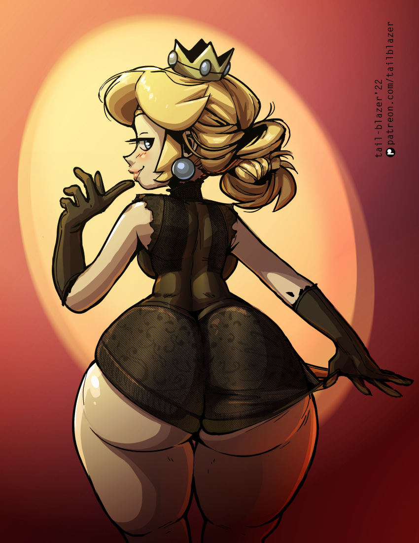 1girl 2022 ass big_ass big_thighs blonde_hair blue_eyes bubble_ass bubble_butt butt_crack clothed clothing crown dat_ass dumptruck_ass earrings huge_ass huge_thighs large_ass long_hair looking_at_another looking_back mario_(series) nintendo pink_lips pink_lipstick pony_tail ponytail princess_peach seductive seductive_look seductive_smile sexy sexy_ass sexy_body shiny_ass shiny_breasts shiny_butt shiny_hair shiny_skin super_mario_bros. tail-blazer thick_ass thick_thighs thighs tight_clothing tight_pants yellow_hair