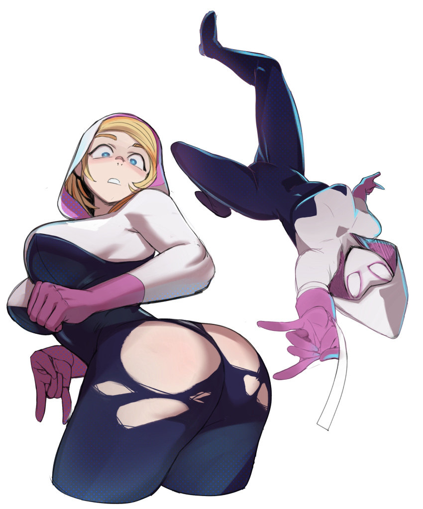 ass big_breasts blonde_hair blue_eyes gwen_stacy light-skinned_female marvel older older_female short_hair spider-gwen spider-man:_across_the_spider-verse torn_bodysuit young_adult young_adult_female young_adult_woman