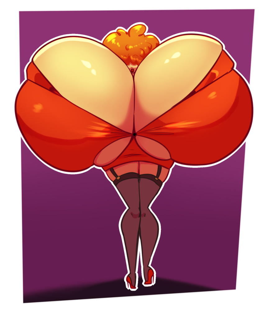1girl breasts cartoon_network clothed clothing dress female female_only full_body high_heels huge_breasts hyper_breasts lipstick mostly_clothed orange_hair powerpuff_girls red_dress sara_bellum schnauzercito simple_background tagme wardrobe_malfunction