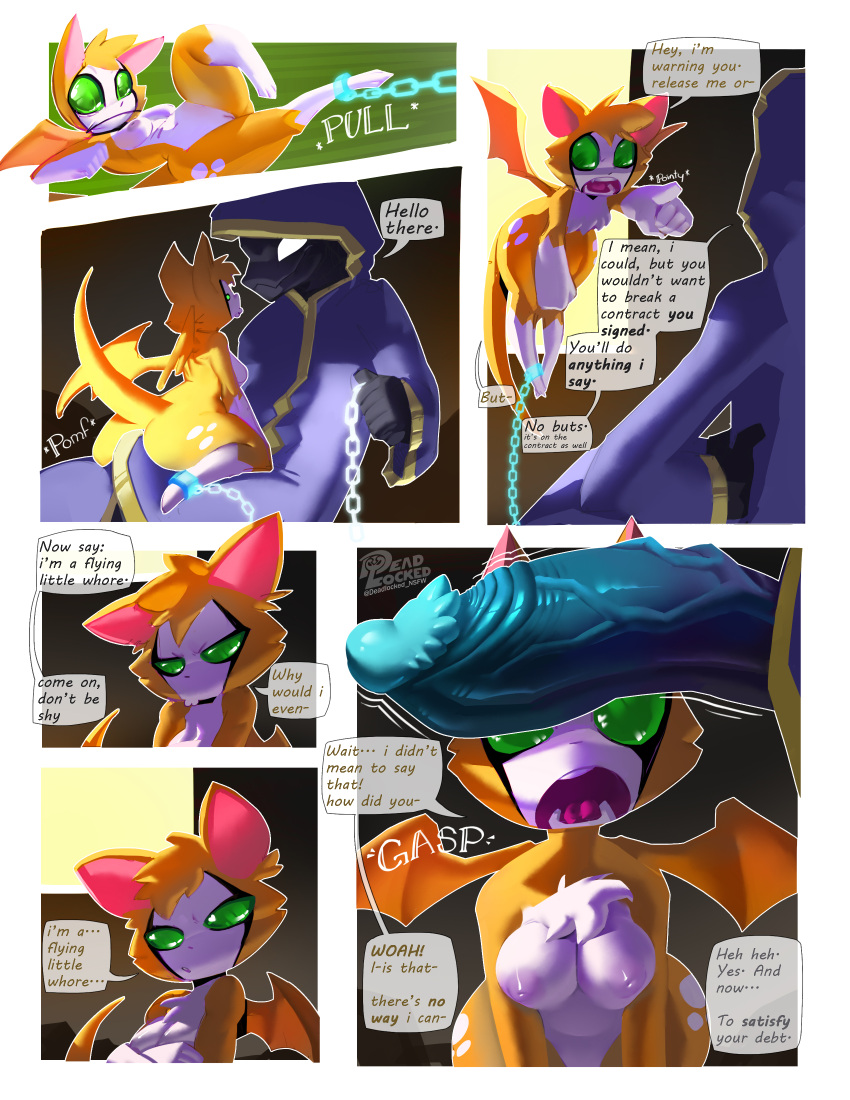 1girl absurd_res anthro bat border breasts comic contract creepy_smile cuff_(restraint) deadlocked dialogue duck_lock duo dust:_an_elysian_tail english_text fidget_(elysian_tail) fur genitals green_eyes greeting high_res imminent_oral imminent_rape imminent_sex male male/female mammal mind_control moonblood nimbat nipples nude orange_body orange_fur penis pussy restraints sereth shackles smile speech_bubble text white_border