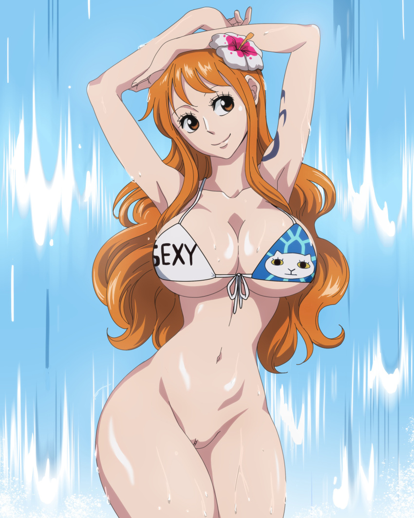 1girl alluring bare_legs big_breasts bikini breasts cleavage curvy female_only flower flower_in_hair long_hair naked_from_the_waist_down nami nami_(one_piece) one_piece one_piece_film_gold orange_hair pussy rozuberry shoulder_tattoo smile tattoo waterfall wide_hips