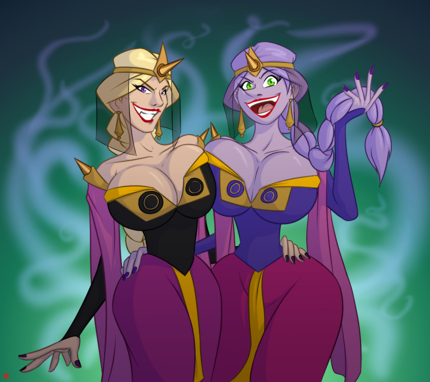 2_girls bartok_the_magnificent big_ass big_breasts blonde_hair crossover crown cursereaper disney earrings green_eyes hourglass_figure ludmilla madam_mim purple_hair purple_skin single_braid smile the_sword_in_the_stone