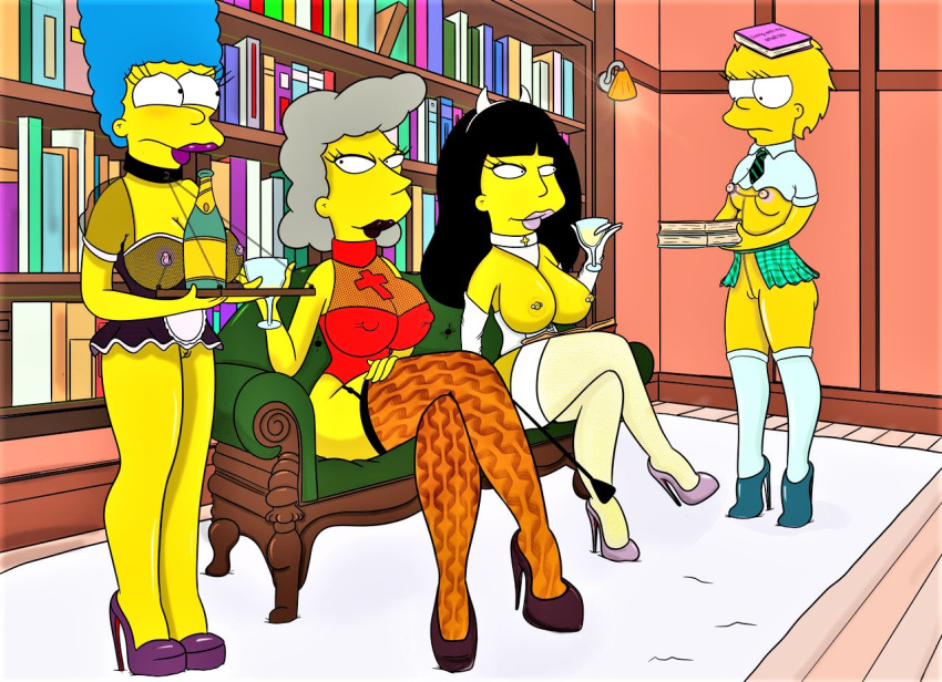 blue_hair breasts corset erect_nipples helen_lovejoy jessica_lovejoy lisa_simpson maid_uniform marge_simpson sex_slave shaved_pussy slave slutty_outfit stockings the_simpsons thighs yellow_skin
