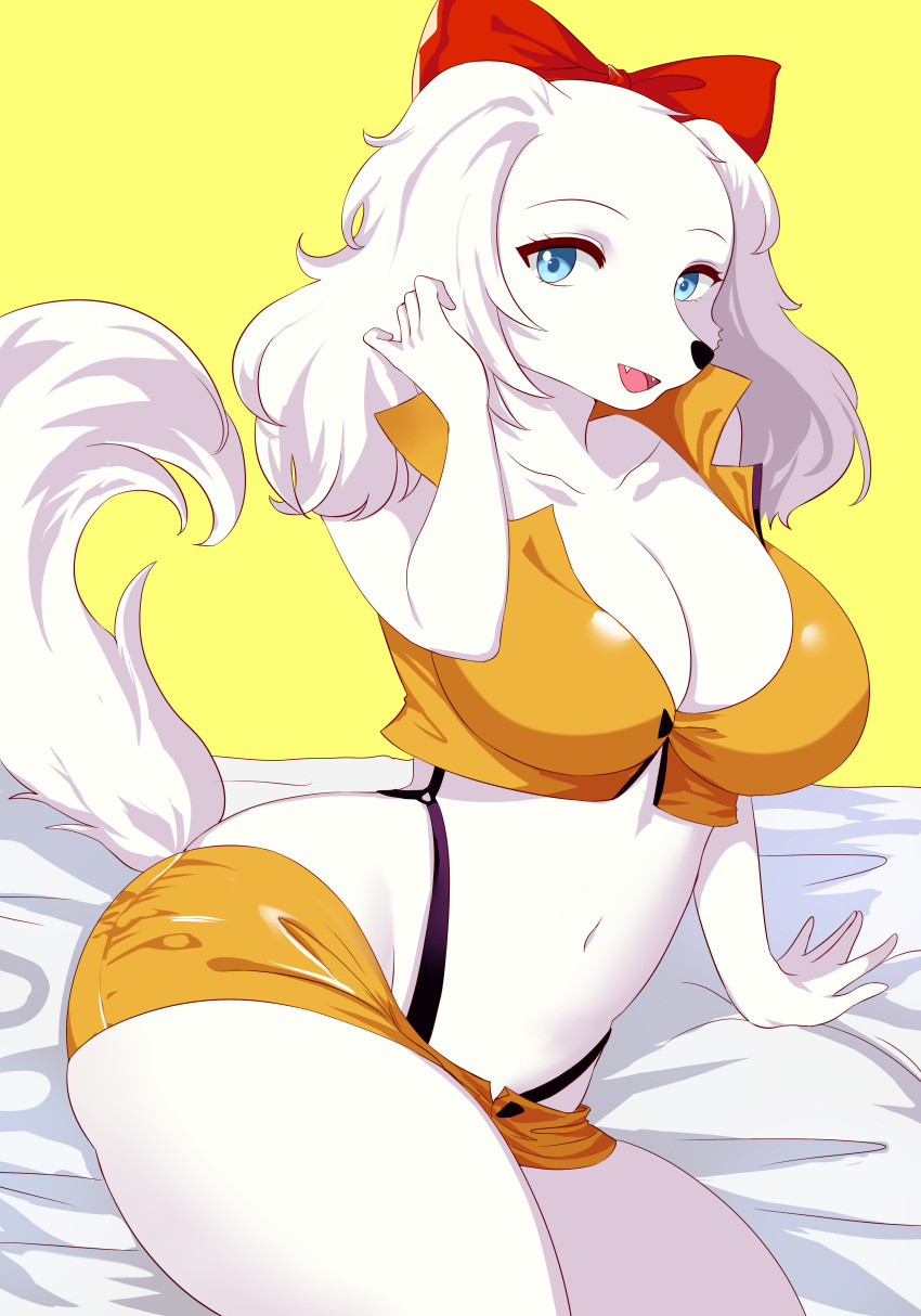 1girl absurd_res accessory anthro bird_dog blue_eyes bottomwear breasts canid canine canis cleavage clothed clothing crop_top curvy_figure domestic_dog fay_spaniel fur hair hair_accessory hair_bow hair_ribbon high_res hotpants hunting_dog kemono looking_at_viewer mammal navel nintendo open_mouth open_smile red_hair_bow ribbons shirasiyuki shirt shorts sitting smile spaniel star_fox topwear video_games white_body white_fur white_hair yellow_bottomwear yellow_clothing yellow_shirt yellow_shorts yellow_topwear