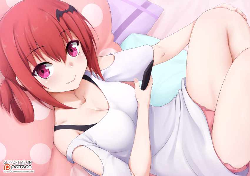 1girl 1girl bat_hair_ornament blush breasts closed_mouth collarbone commentary_request cushion fang fang_out gabriel_dropout hair_between_eyes hair_ornament hair_rings hand_on_own_knee holding lips looking_at_viewer medium_breasts off_shoulder patreon_username pink_eyes red_hair satanichia_kurumizawa_mcdowell shirt sitting smile vahn_yourdoom watermark web_address white_shirt