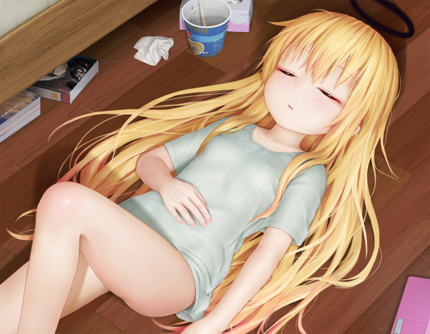 1girl aki99 blonde_hair blush bottomless breasts closed_eyes covered_nipples cup gabriel_dropout gabriel_tenma_white hand_on_own_stomach high_res indoors long_hair lying nier:_automata nier_(series) on_back parted_lips short_sleeves sleeping small_breasts tissue tissue_box variant_set wooden_floor yorha_no._2_type_b