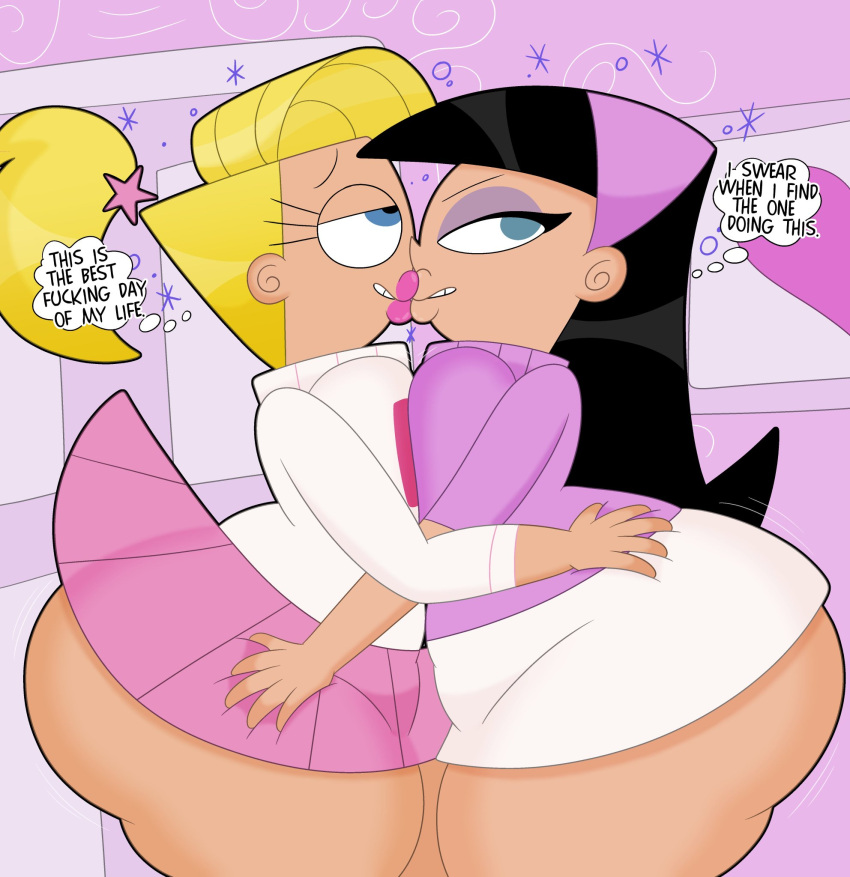 1girl 2_girls 3barts ass ass big_ass big_ass black_hair blonde_hair bottomless clothing kissing light-skinned_female making_out nickelodeon the_fairly_oddparents thick_thighs trixie_tang veronica wide_hips