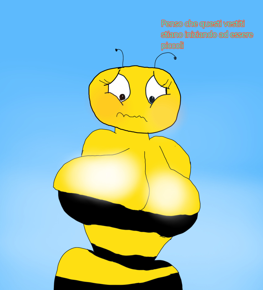 1girl apron apron_only bee big_breasts blush cherichou dialogue italian_language italian_text kryadrawgin lena_the_bee oleina rule34 russian_cooking_oil_commercial speech_bubble stinger text thick_thighs thighs wide_hips wings yellow_body yellow_skin олейна