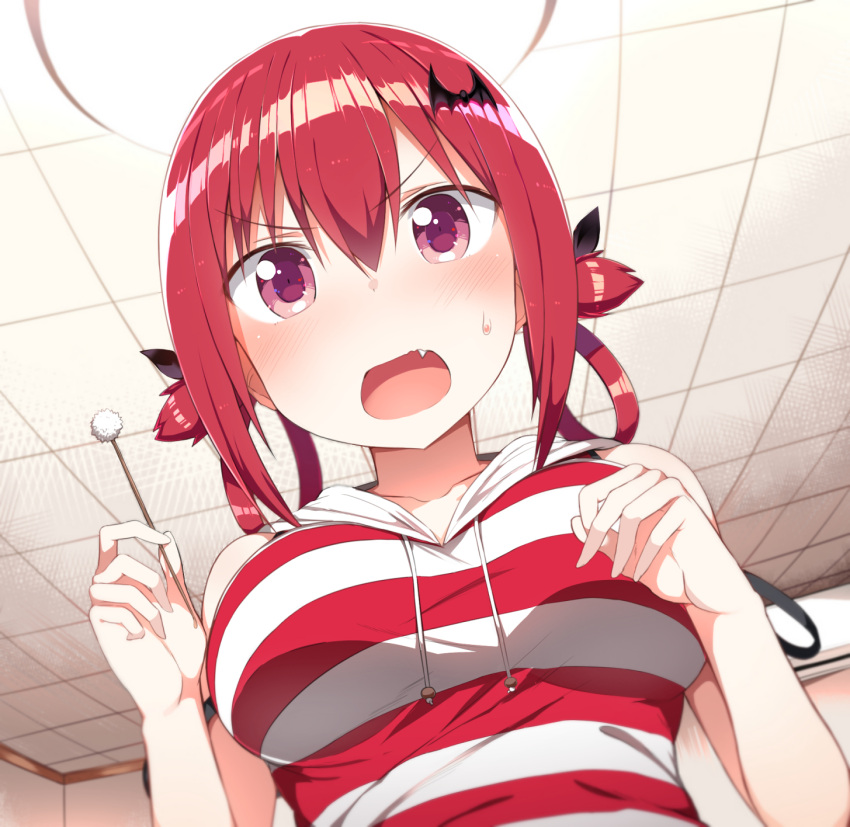 1girl 1girl :o bare_arms bare_shoulders bat_hair_ornament big_breasts black_ribbon blush breasts casual ceiling ceiling_light check_commentary collarbone commentary commentary_request dutch_angle fang from_below gabriel_dropout greatmosu hair_between_eyes hair_ornament hair_ribbon hair_rings high_res holding hood hoodie indoors lap_pov looking_at_viewer looking_down mimikaki open_mouth purple_eyes red_hair ribbon satanichia_kurumizawa_mcdowell shirt sleeveless sleeveless_shirt strap_slip striped striped_shirt sweat sweatdrop tile_ceiling tiles upper_body v-shaped_eyebrows