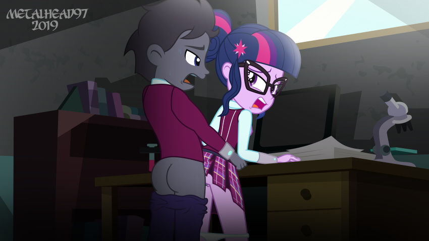 1boy 1girl ambiguous_penetration desk equestria_girls exposed_breasts friendship_is_magic from_behind glasses indoors looking_at_each_other male/female my_little_pony panties panties_down partially_clothed ponytail school_uniform sex sideboob skirt skirt_lift standing standing_sex twilight_sparkle twilight_sparkle_(mlp)