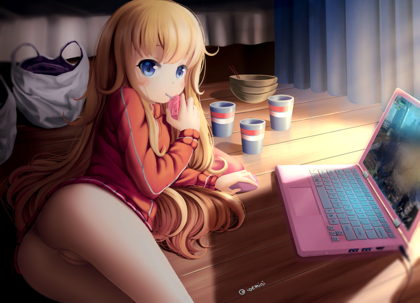1girl 1girl ahoge ass at_computer bag bed blonde_hair blue_eyes blush_stickers bowl commentary computer cup curtains disposable_cup dkoro drinking english_commentary gabriel_dropout gabriel_tenma_white high_res jacket juice_box laptop long_hair long_sleeves looking_back lying messy_hair mouse_(computer) no_panties on_floor on_side plastic_bag pussy signature thighs track_jacket twitter_username video_game wooden_floor