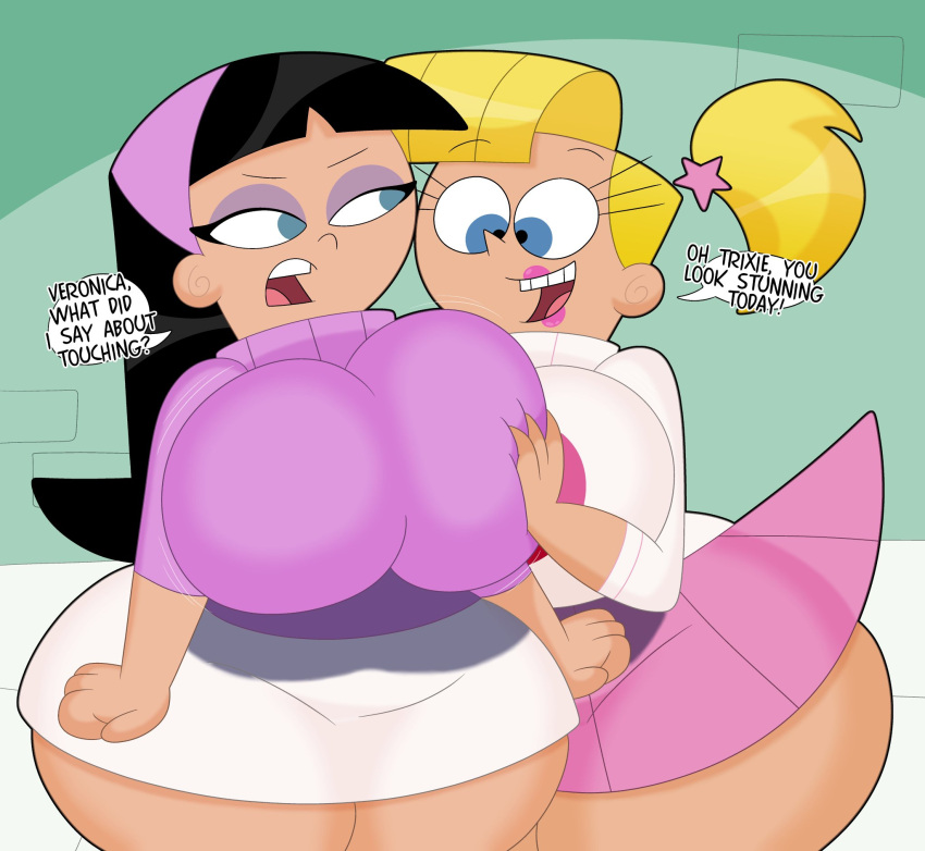 1girl 2_girls 3barts big_breasts black_hair blonde_hair clothing female_only light-skinned_female nickelodeon the_fairly_oddparents thick_thighs trixie_tang veronica_star wide_hips