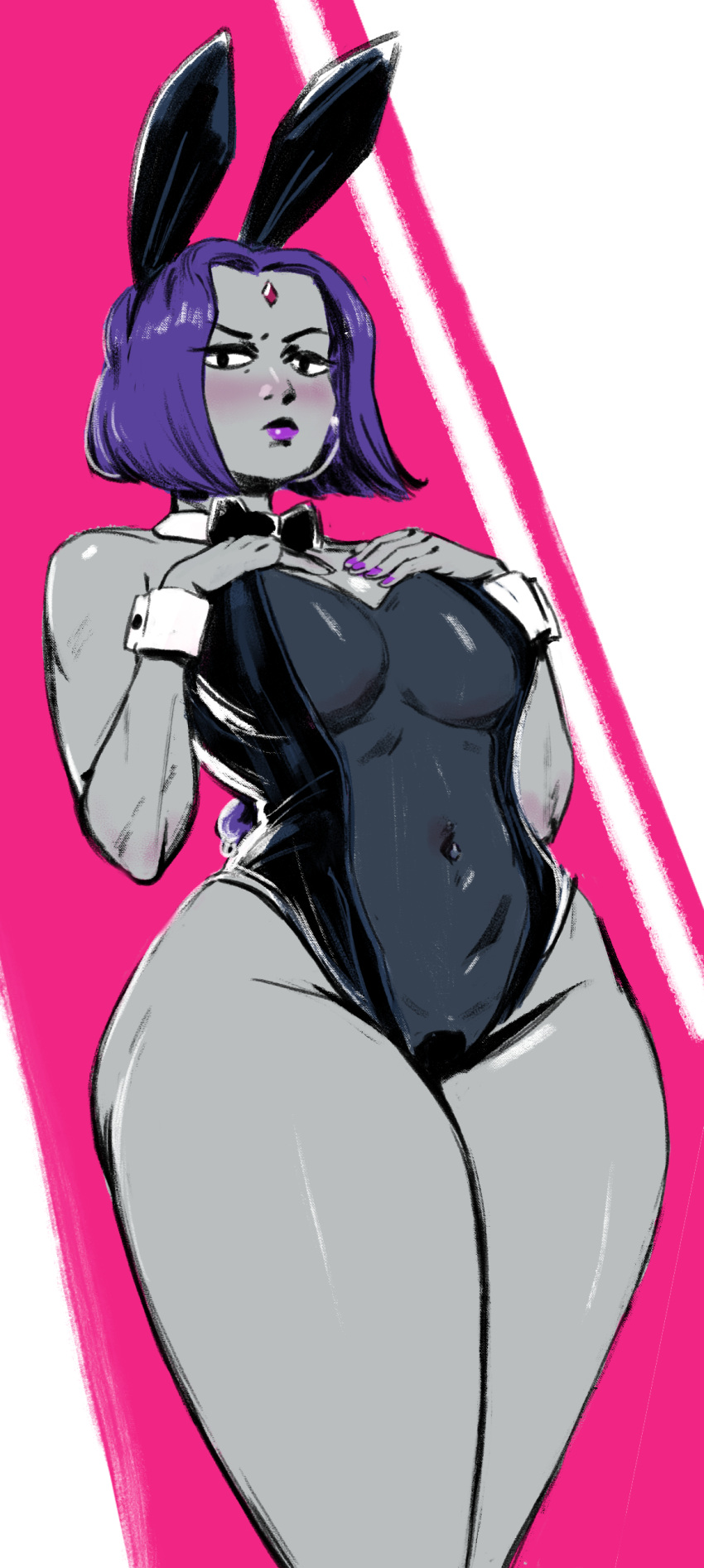 1girl 2022 big_ass big_breasts blush bowtie breasts bunny_ears bunny_tail bunnysuit cleavage dc_comics grey_skin hands_on_breasts headband looking_at_viewer purple_hair rachel_roth raven_(dc) redblacktac short_hair teen_titans thick_thighs tight_clothing tight_fit wide_hips