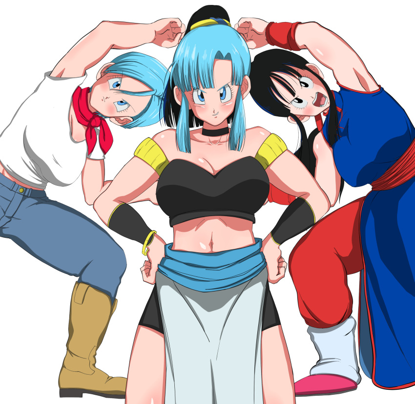 1girl big_breasts black_hair blue_hair breasts bulchi bulma_brief chichi cleavage clothing crop_top dragon_ball female_only fusion fusion_dance hazama_null huge_breasts light-skinned_female light_skin looking_at_viewer pants shounen_jump two_tone_hair