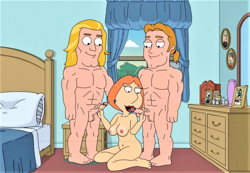 ass blackzacek breasts erect_nipples erect_penis family_guy horatio_(family_guy) huge_penis kneel lance_(family_guy) licking_penis lois_griffin thighs threesome
